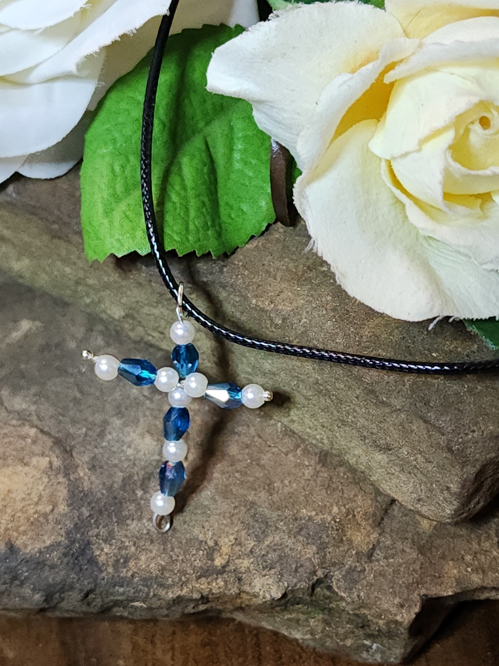 Cross Pendant Necklace With Faux Pearls & Blue Faceted Glass Crystal Beads
